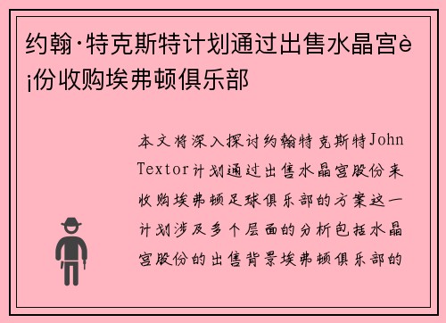约翰·特克斯特计划通过出售水晶宫股份收购埃弗顿俱乐部