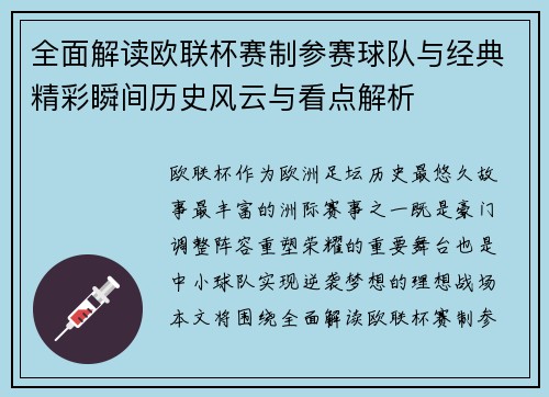 全面解读欧联杯赛制参赛球队与经典精彩瞬间历史风云与看点解析