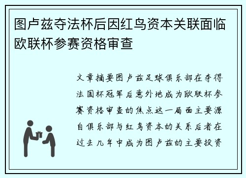 图卢兹夺法杯后因红鸟资本关联面临欧联杯参赛资格审查